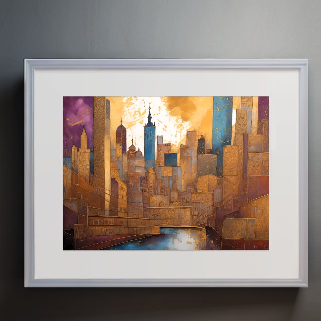 Abstract Watercolor Painting Gold Cityscape 4:3 Poster (Creator Uploaded)