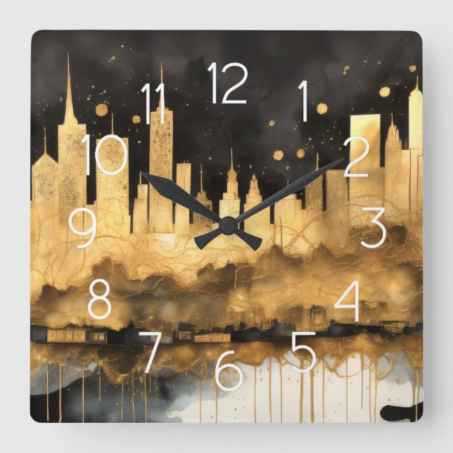 Abstract Watercolor Painting Gold Cityscape Square Wall Clock (Front)