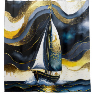 Abstract Watercolor Painting Sailboat Night