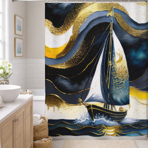 Abstract Watercolor Painting Sailboat Night