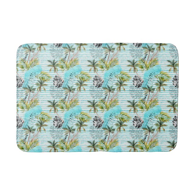 Abstract Watercolor Palm Tree Pattern Bath Mat (Front)