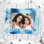 Abstract Watercolor Peace Joy Love Holiday Photo<br><div class="desc">This modern yet elegant holiday photo card features a single horizontal photo over a beautiful blue abstract watercolor, and a greeting in white which says "PEACE JOY LOVE". This design accommodates a single horizontal photo on the front. The back of the card is the same watercolor image, but can be...</div>