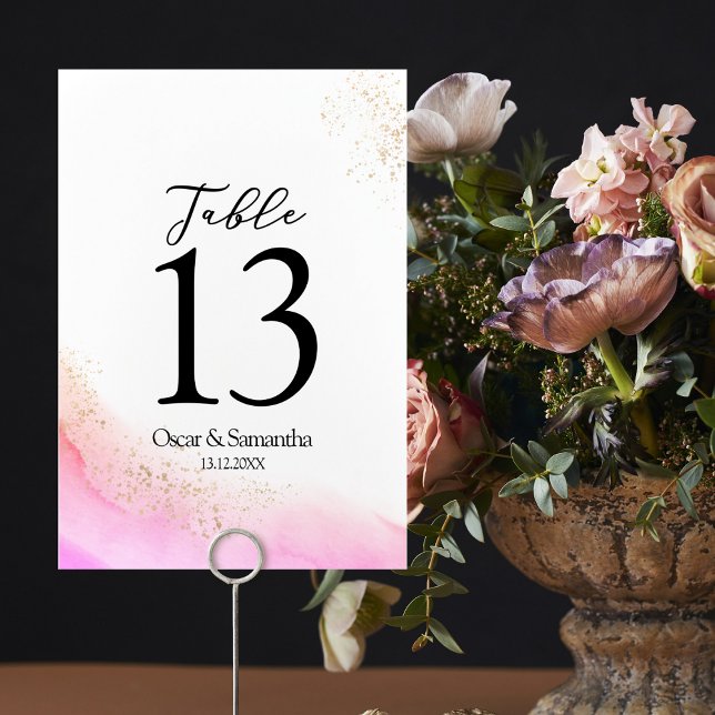 Abstract Watercolor Pink Brush Strokes & Gold   Table Number (Creator Uploaded)