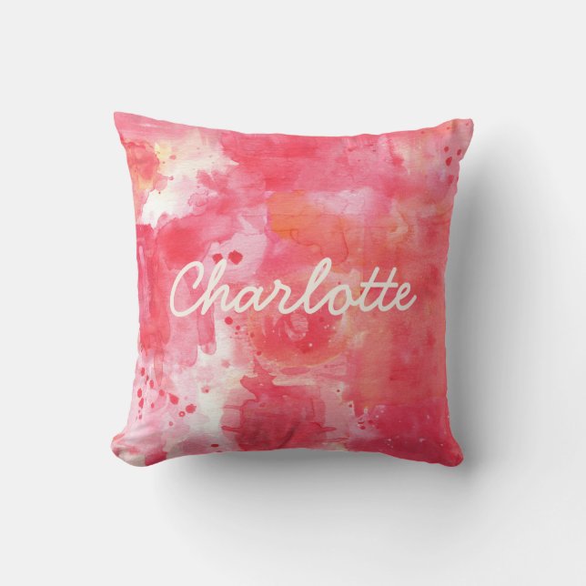 Abstract Watercolor Pink Custom Name Throw Pillow (Front)