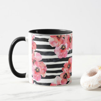Abstract Watercolor Pink Floral and Black Striped Mug