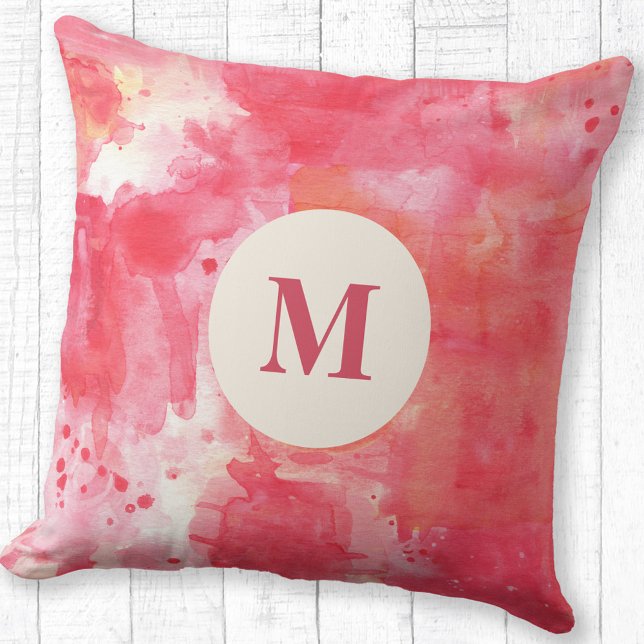 Abstract Watercolor Pink Monogram Throw Pillow (Modern monogram initial personalized pink abstract watercolor throw pillow)