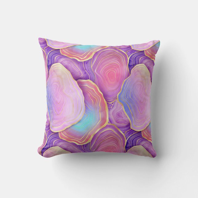 Abstract watercolor pink teal gold lavender agate throw pillow (Front)