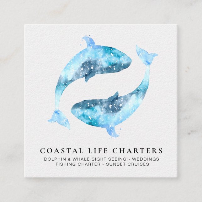 *~*  Abstract Watercolor Playing Coastal Dolphins Square Business Card (Front)