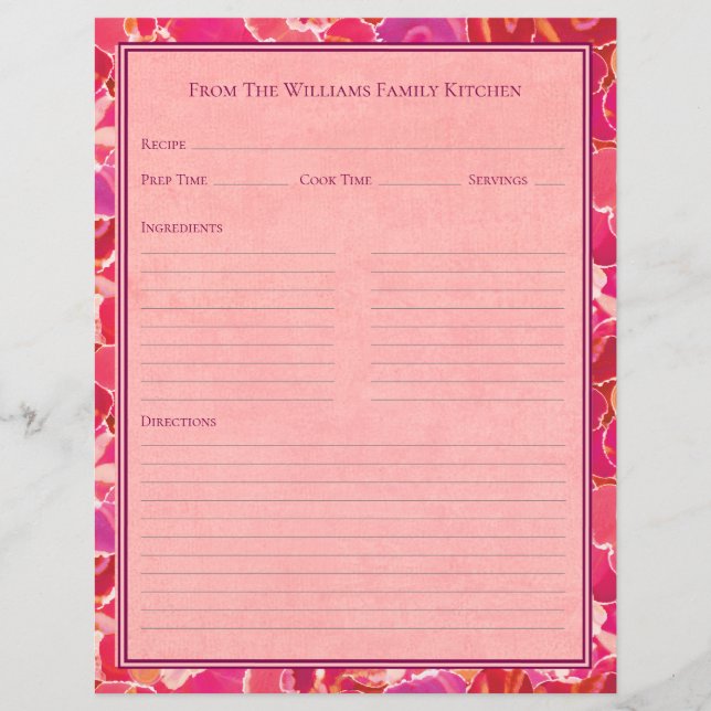 Abstract Watercolor Red Pink Recipe Paper Sheet (Front)
