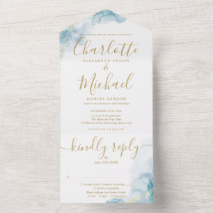 Abstract Watercolor Script Gold Monogram Wedding All In One Invitation
