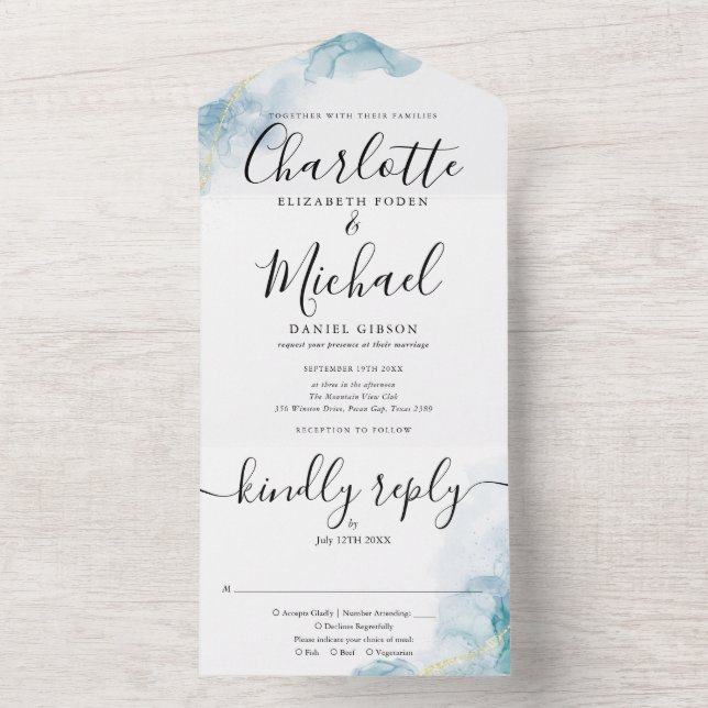 Abstract Watercolor Script Monogram Wedding  All In One Invitation (Inside)