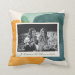 Abstract Watercolor Shapes Teal Blue Custom Photo Throw Pillow<br><div class="desc">This stylish custom throw pillow features an understated painting of organic abstract watercolor shapes in beautiful shades of mustard yellow and teal blue and green. Personalize it with your name and photo. Great gift idea!</div>