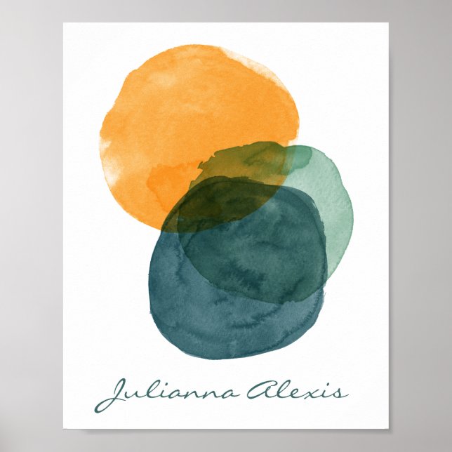 Abstract Watercolor Shapes Teal Blue Personalized Poster (Front)