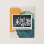 Abstract Watercolor Shapes Teal Blue Photo Name Jigsaw Puzzle<br><div class="desc">This stylish custom puzzle features an understated painting of organic abstract watercolor shapes in beautiful shades of mustard yellow and teal blue and green. Personalize it with your name and photo. Great gift idea!</div>