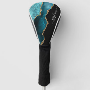 Abstract Watercolor Teal Agate Gold Personalized Golf Head Cover