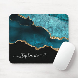 Abstract Watercolor Teal Agate Gold Personalized Mouse Pad