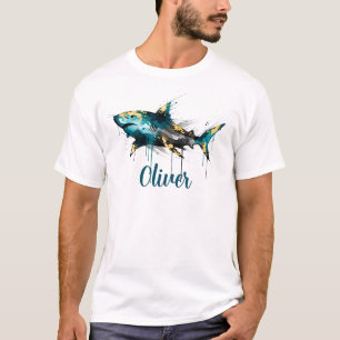 Abstract Watercolor Teal Ink Splatter & Gold Shark T-Shirt