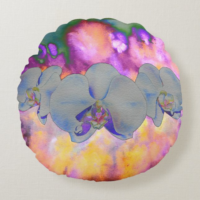  Abstract watercolor tropical floral orchids Round Pillow (Front)