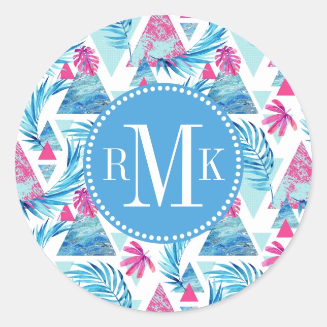 Abstract Watercolor Tropical Leaf Pattern Classic Round Sticker (Front)