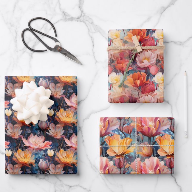 Abstract Watercolor Tulips Drawing Wrapping Paper Sheet (Front)