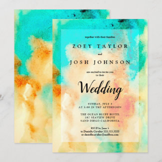 Abstract Watercolor Wedding Invitation Teal Orange
