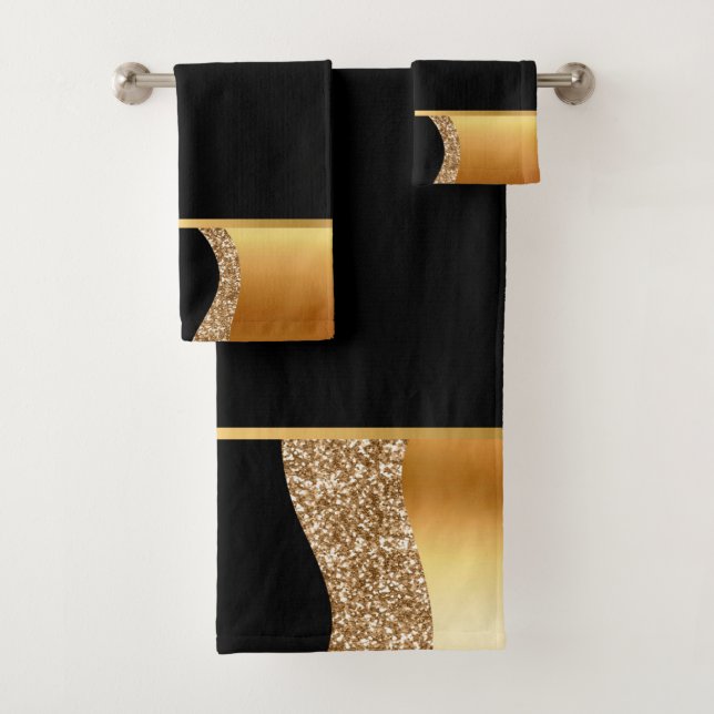 ABSTRACT WAVE BLACK GOLD 2 BATHROOM TOWEL SET (Insitu)
