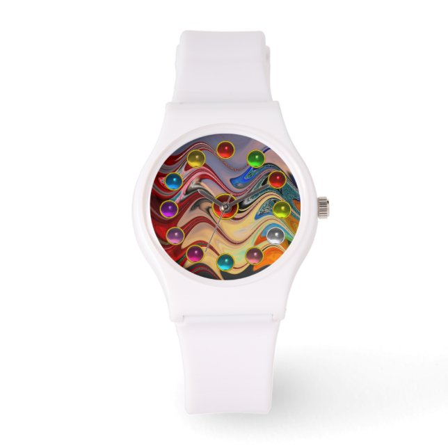 ABSTRACT WAVES AND COLORFUL 3D GEMSTONES WATCH (Front)
