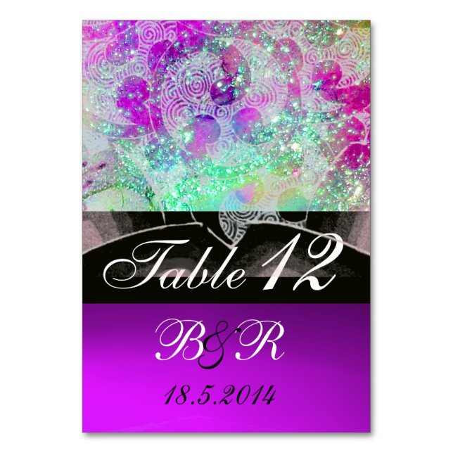 ABSTRACT WAVES Blue,Purple Pink Wedding Monogram Table Number (Front)
