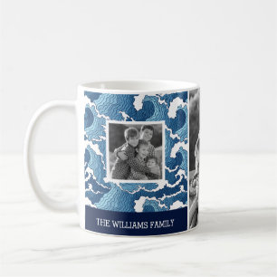 Abstract Waves Family Photos & Text Monogram Coffee Mug