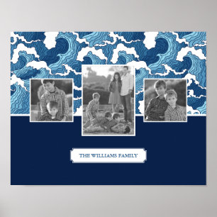 Abstract Waves Family Photos & Text Monogram Poster