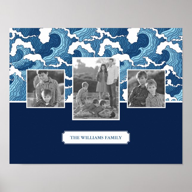Abstract Waves | Family Photos & Text| Monogram Poster (Front)