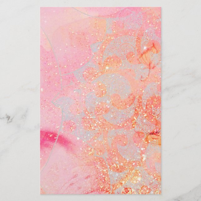ABSTRACT WAVES ,GOLD ORANGE PINK SPARKLES,SWIRLS STATIONERY (Front)