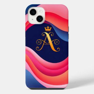 Abstract Waves with Stylish Golden Initial iPhone 14 Plus Case