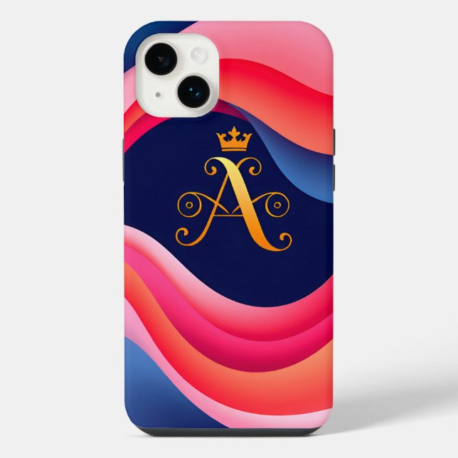Abstract Waves with Stylish Golden Initial iPhone Case (Back)