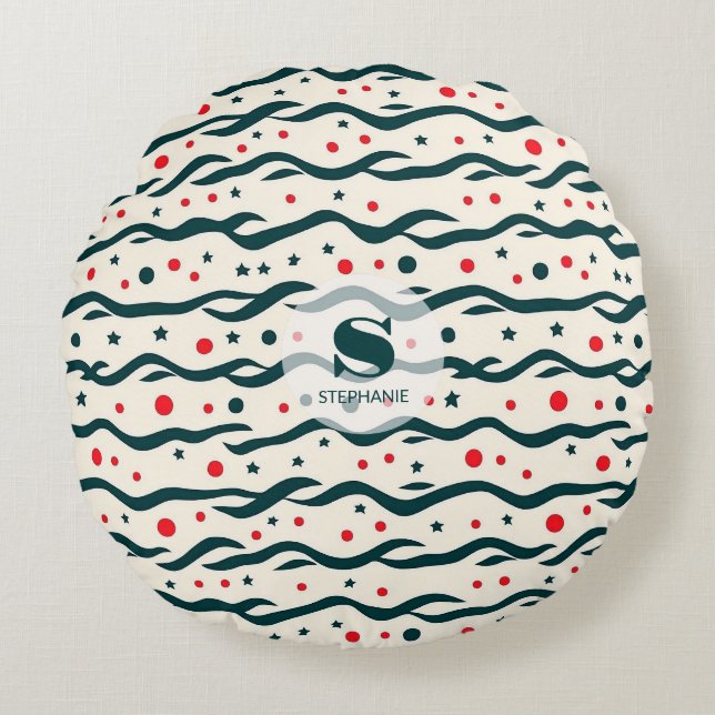 Abstract Wavy Lines and Geometric Shapes Pattern Round Pillow (Front)