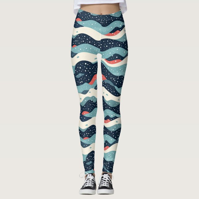 Abstract Wavy Lines with Snowflake Dots Leggings (Front)