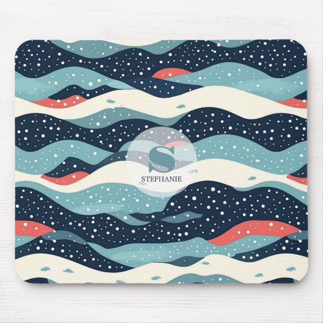 Abstract Wavy Lines with Snowflake Dots Mouse Pad (Front)