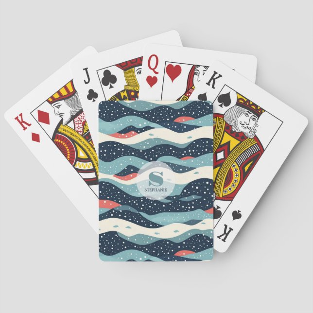 Abstract Wavy Lines with Snowflake Dots Playing Cards (Back)