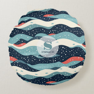 Abstract Wavy Lines with Snowflake Dots Round Pillow