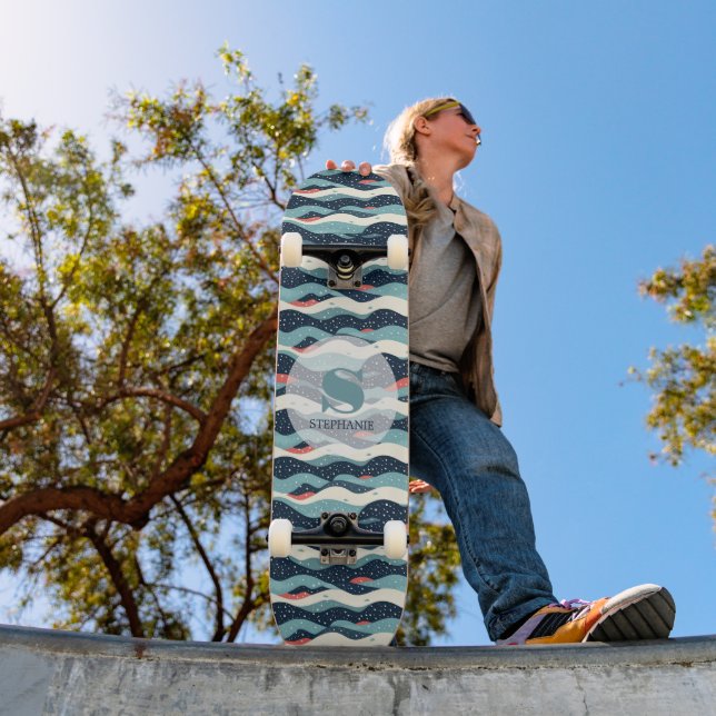 Abstract Wavy Lines with Snowflake Dots Skateboard (Outdoor 1)