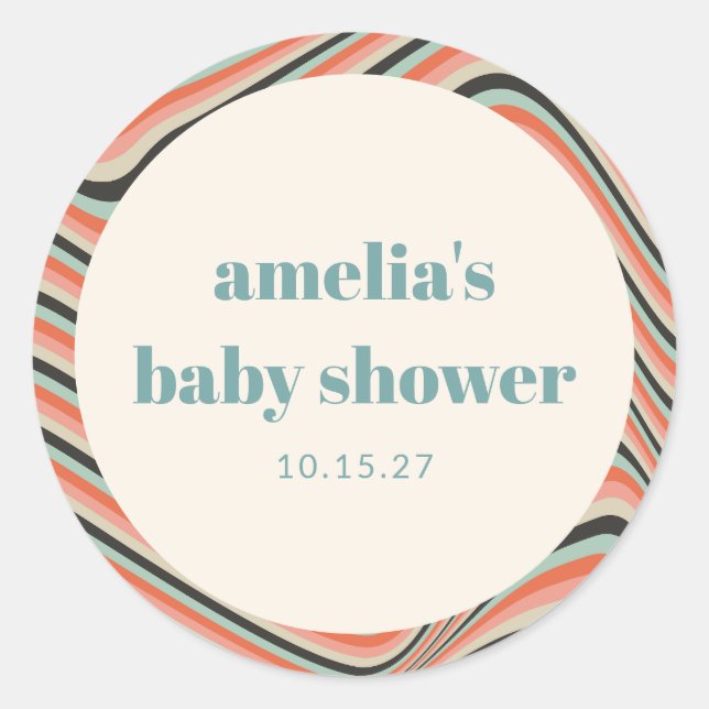 Abstract Wavy Stripe Aqua Peach Custom Baby Shower Classic Round Sticker (Front)
