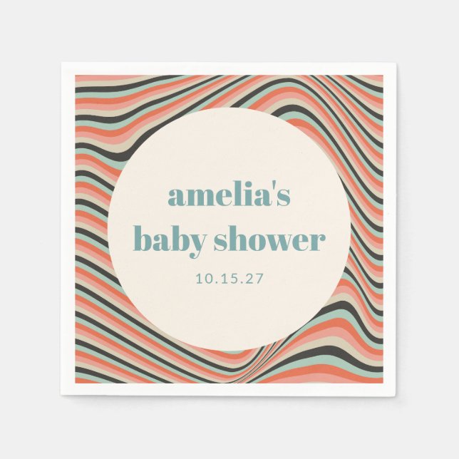 Abstract Wavy Stripe Aqua Peach Custom Baby Shower Napkin (Front)