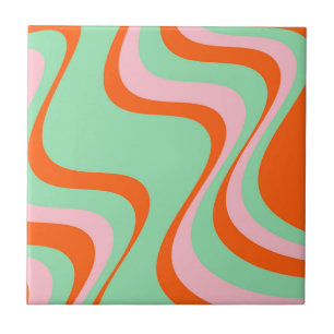Abstract Wavy Stripe Green Orange Retro Bold  Tile