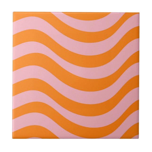 Abstract Wavy Stripe Orange Pink Retro Bold Modern Tile (Front)