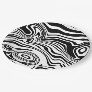 Abstract Wavy Striped Black White Paper Plates