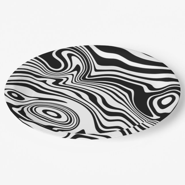 Abstract Wavy Striped Black White Paper Plates (Angled)