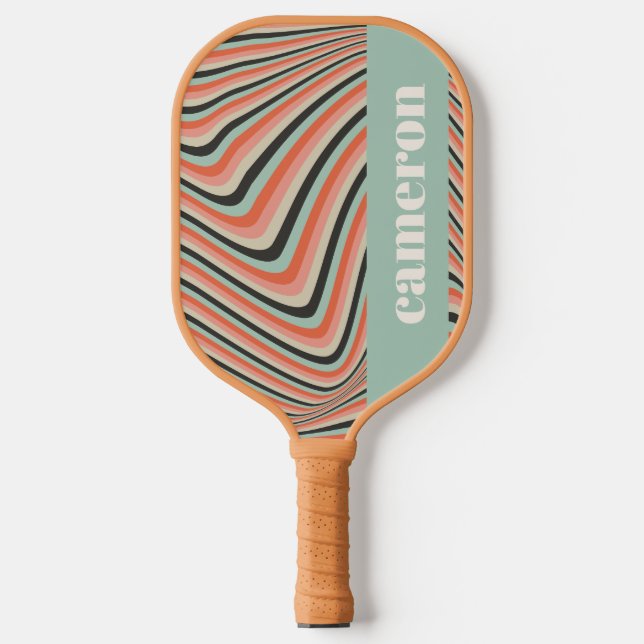 Abstract Wavy Stripes Aqua and Peach Personalized Pickleball Paddle (Front)
