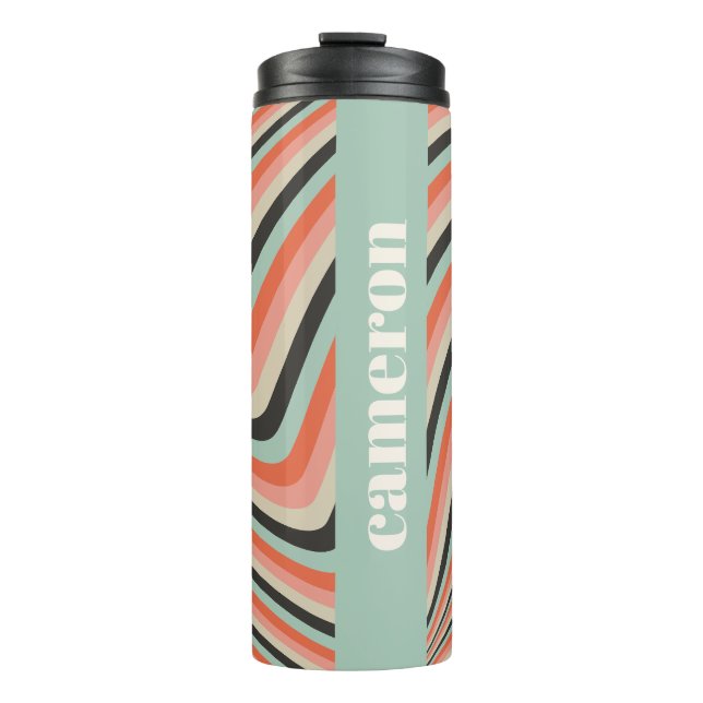 Abstract Wavy Stripes Aqua and Peach Personalized Thermal Tumbler (Front)