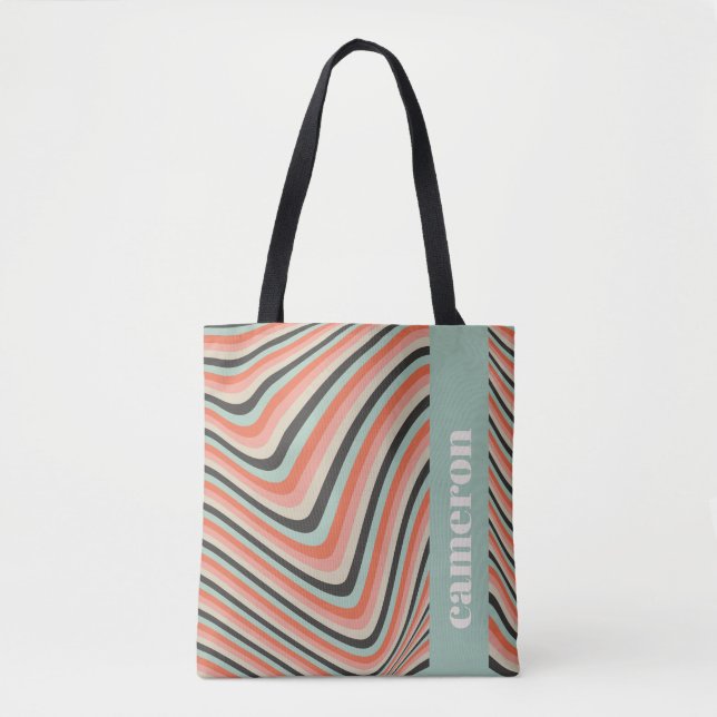 Abstract Wavy Stripes Aqua and Peach Personalized Tote Bag (Front)
