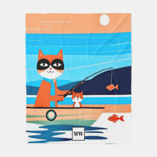 Abstract whimsical cats fishing in a boat monogram fleece blanket